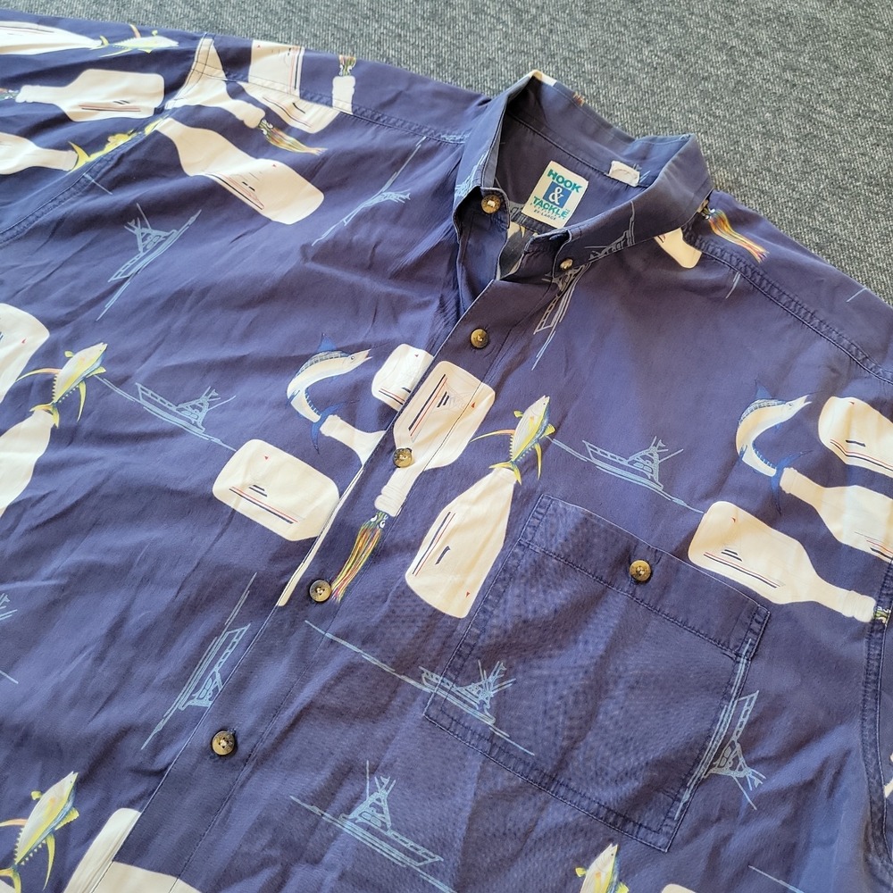 VTG Hook & Tackle Shirt Men's 2XL Blue Nautical All Over Print Fish Short Sleeve